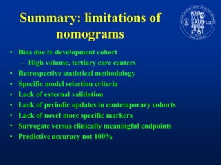 Summary: limitations of nomogramsBias due to development cohortHigh volume, tertiary care centersRetrospectivestatisticalmethodologySpecific model selection criteriaLack of externalvalidationLack of periodic updates in contemporarycohortsLack of novel more specific markersSurrogate versus clinicallymeaningfulendpointsPredictiveaccuracynot 100%