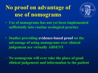 No proofonadvantage of use of nomogramsUse of nomograms has notyet been implementedsufficientlyinto routine urologicalpracticeStudies providingevidence-basedproofon the advantage of usingnomograms over clinicaljudgement are virtually ABSENTNo nomogramwill ever take the place of goodclinicaljudgement and information to the patient