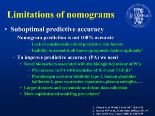 Limitations of nomogramsSuboptimalpredictiveaccuracyNomogramprediction is not 100% accurateLack of consideration of all predictive risk factorsInability to assemble all knownprognostic factors optimally1To improvepredictiveaccuracy (PA) we needNovelbiomarkersassociatedwith the biologicbehaviour of PCa8% increase in PA withinclusion of IL-6 and TGF-β12Plasminogen activator inhibitor type 1, humanglandular kallicrein-2, gene expressionsignatures, plasma endoglin, …Larger datasets and systematic and clean data collectionMore sophisticated modeling procedures3Chun F et al. World J Urol 2007;25:131-42Kattan MW et al. J ClinOncol 2003;21:3573-9Shariat SF et al. Cancer 2008; 113:3075-99