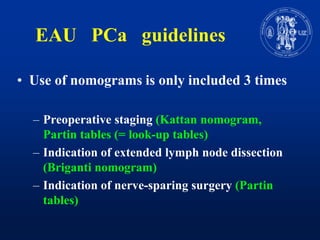 EAU PCaguidelinesUse of nomograms is onlyincluded 3 timesPreoperativestaging(Kattannomogram, Partin tables (= look-up tables)Indication of extendedlymph node dissection(Briganti nomogram)Indication of nerve-sparingsurgery(Partin tables)
