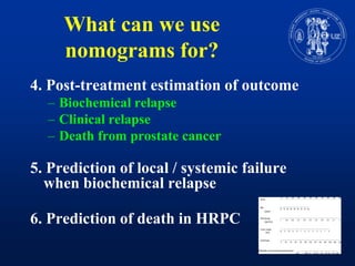 Whatcan we usenomogramsfor?4. Post-treatmentestimation of outcomeBiochemicalrelapseClinicalrelapseDeathfrom prostate cancer5. Predictionof local / systemicfailurewhenbiochemicalrelapse6. Predictionof death in HRPC