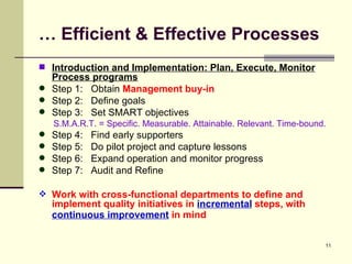 …  Efficient & Effective Processes Introduction and Implementation: Plan, Execute, Monitor Process programs   Step 1:  Obtain  Management buy-in Step 2:  Define goals  Step 3:  Set SMART objectives S.M.A.R.T. = Specific. Measurable. Attainable. Relevant. Time-bound. Step 4:  Find early supporters Step 5:  Do pilot project and capture lessons Step 6:  Expand operation and monitor progress Step 7:  Audit and Refine Work with cross-functional departments to define and implement quality initiatives in  incremental  steps, with  continuous improvement  in mind   