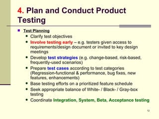 4.  Plan and Conduct Product Testing Test Planning Clarify test objectives Involve testing early  – e.g. testers given access to requirements/design document or invited to key design meetings Develop  test strategies  (e.g. change-based, risk-based, frequently-used scenarios) Prepare  test cases  according to test categories (Regression-functional & performance, bug fixes, new features, enhancements) Base testing efforts on a prioritized feature schedule Seek appropriate balance of White- / Black- / Gray-box testing Coordinate  Integration, System, Beta, Acceptance testing 