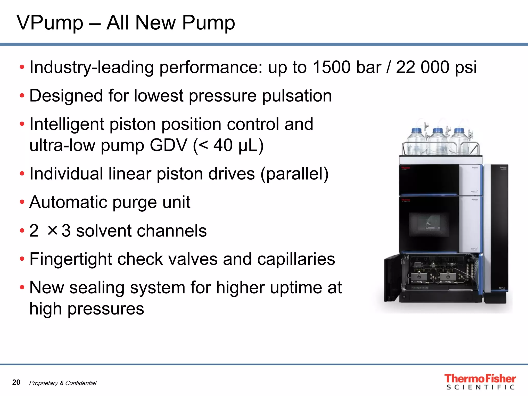 20 Proprietary & Confidential
VPump – All New Pump
• Industry-leading performance: up to 1500 bar / 22 000 psi
• Designed for lowest pressure pulsation
• Intelligent piston position control and
ultra-low pump GDV (< 40 µL)
• Individual linear piston drives (parallel)
• Automatic purge unit
• 2 ×3 solvent channels
• Fingertight check valves and capillaries
• New sealing system for higher uptime at
high pressures
 