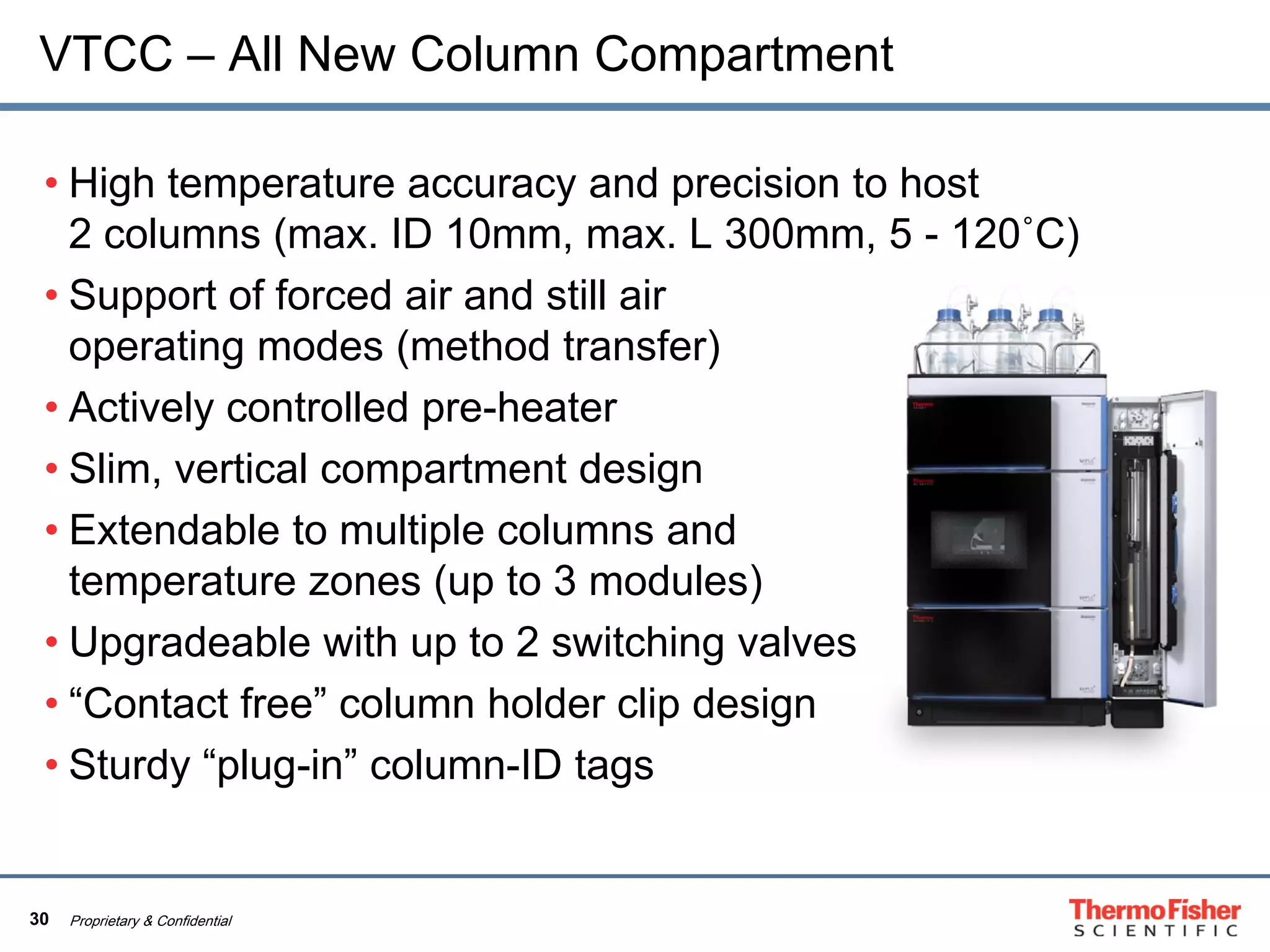 30 Proprietary & Confidential
VTCC – All New Column Compartment
• High temperature accuracy and precision to host
2 columns (max. ID 10mm, max. L 300mm, 5 - 120˚C)
• Support of forced air and still air
operating modes (method transfer)
• Actively controlled pre-heater
• Slim, vertical compartment design
• Extendable to multiple columns and
temperature zones (up to 3 modules)
• Upgradeable with up to 2 switching valves
• “Contact free” column holder clip design
• Sturdy “plug-in” column-ID tags
 