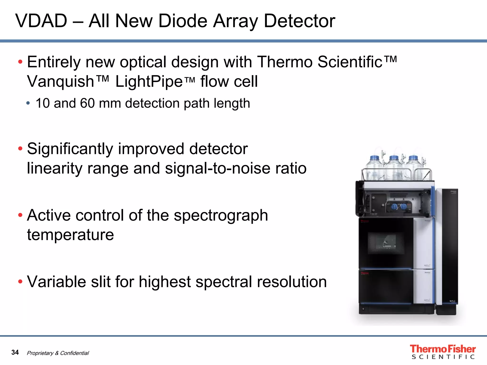 34 Proprietary & Confidential
VDAD – All New Diode Array Detector
• Entirely new optical design with Thermo Scientific™
Vanquish™ LightPipe™ flow cell
• 10 and 60 mm detection path length
• Significantly improved detector
linearity range and signal-to-noise ratio
• Active control of the spectrograph
temperature
• Variable slit for highest spectral resolution
 