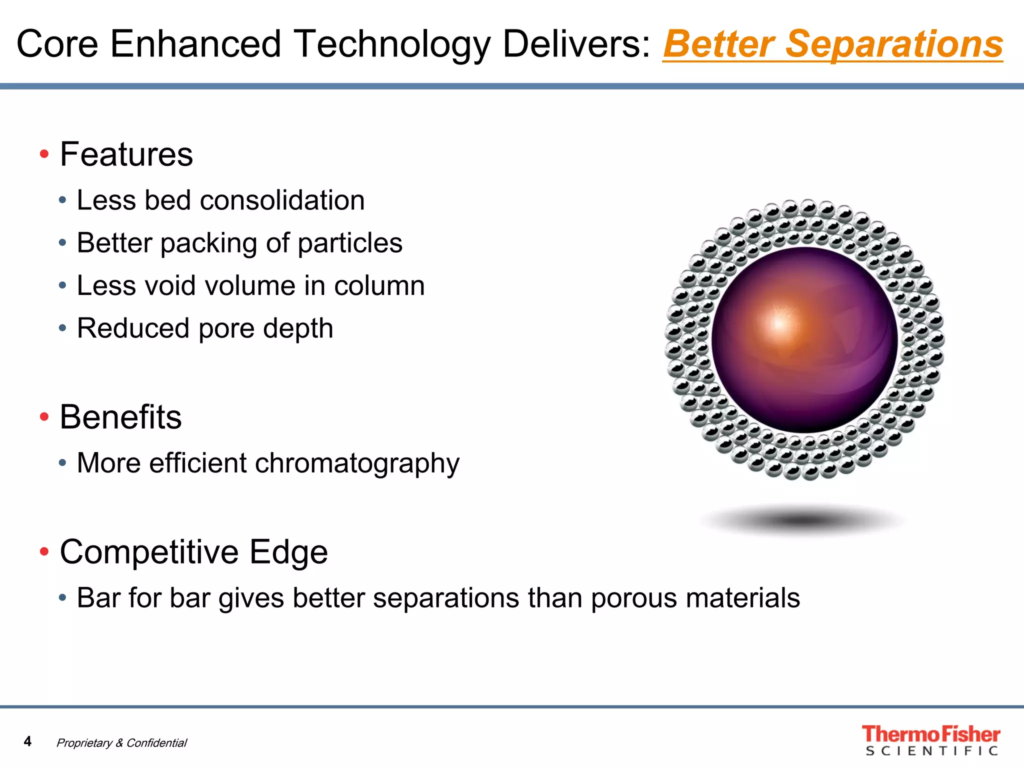 4 Proprietary & Confidential
• Features
• Less bed consolidation
• Better packing of particles
• Less void volume in column
• Reduced pore depth
• Benefits
• More efficient chromatography
• Competitive Edge
• Bar for bar gives better separations than porous materials
Core Enhanced Technology Delivers: Better Separations
 