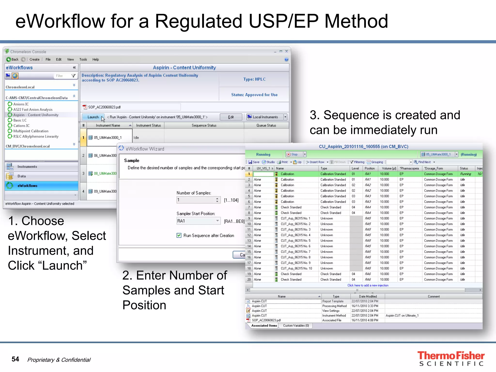 54 Proprietary & Confidential
eWorkflow for a Regulated USP/EP Method
1. Choose
eWorkflow, Select
Instrument, and
Click “Launch”
2. Enter Number of
Samples and Start
Position
3. Sequence is created and
can be immediately run
 