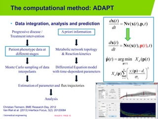 The computational method: ADAPT
• Data integration, analysis and prediction
/ biomedical engineering PAGE 1019-8-2013
Christian Tiemann, BME Research Day, 2012
Van Riel et al. (2013) Interface Focus, 3(2): 20120084
( )
( ( ), , )
d t
t t
dt
x
Nv x p
( )
( ( ) ,( ), )
d t
t t
dt
t
x
Nv x p
2
1
( )
( )
N
i i
d
i i
y d
X
p
p
( )
ˆ( ) arg min ( ( )d
t
t X t
p
p p
Progressive disease /
Treatment intervention
Patient phenotype data at
different stages
Monte Carlo sampling of data
interpolants
Estimation of parameter and flux trajectories
Analysis
A priori information
Metabolic network topology
& Reaction kinetics
Differential Equation model
with time-dependent parameters
 