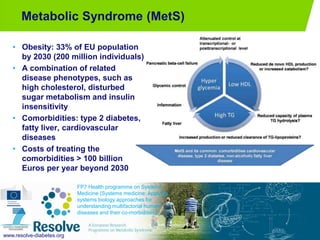 Metabolic Syndrome (MetS)
/ biomedical engineering PAGE 519-8-2013
• Obesity: 33% of EU population
by 2030 (200 million individuals)
• A combination of related
disease phenotypes, such as
high cholesterol, disturbed
sugar metabolism and insulin
insensitivity
• Comorbidities: type 2 diabetes,
fatty liver, cardiovascular
diseases
• Costs of treating the
comorbidities > 100 billion
Euros per year beyond 2030
www.resolve-diabetes.org
FP7 Health programme on Systems
Medicine (Systems medicine: Applying
systems biology approaches for
understanding multifactorial human
diseases and their co-morbidities).
 