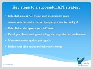 Key steps to a successful API strategy
• Establish a clear API vision with measurable goals
• Assess your current situation (people, process, technology)
• Establish and empower your API team
• Develop a plan covering technology and organization enablement
• Measure success against your goals
• Refine your plan and/or refresh your strategy
www.vanrish.com
 