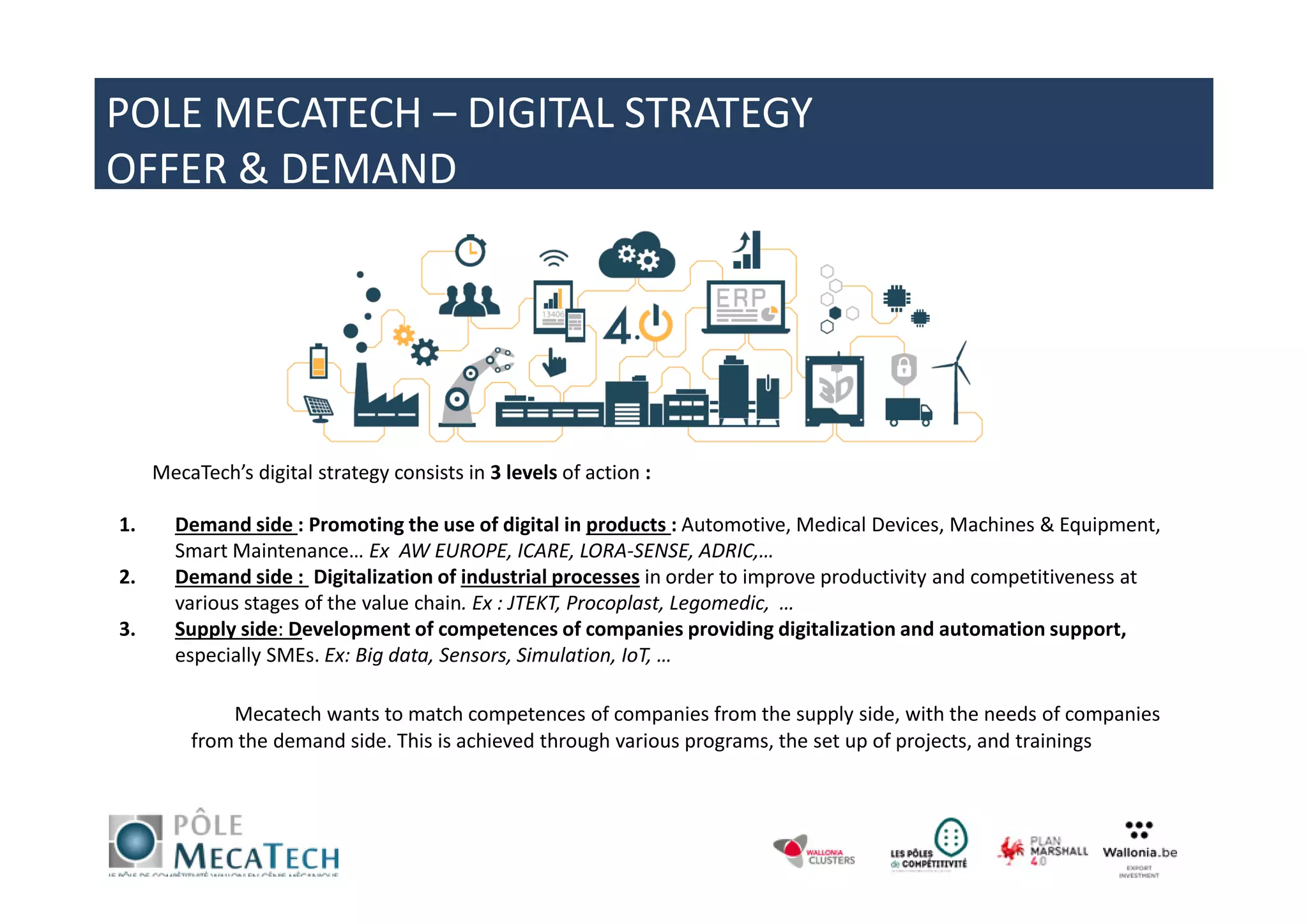 MecaTech’s digital strategy consists in 3 levels of action :
1. Demand side : Promoting the use of digital in products : Automotive, Medical Devices, Machines & Equipment,
Smart Maintenance… Ex AW EUROPE, ICARE, LORA-SENSE, ADRIC,…
2. Demand side : Digitalization of industrial processes in order to improve productivity and competitiveness at
various stages of the value chain. Ex : JTEKT, Procoplast, Legomedic, …
3. Supply side: Development of competences of companies providing digitalization and automation support,
especially SMEs. Ex: Big data, Sensors, Simulation, IoT, …
Mecatech wants to match competences of companies from the supply side, with the needs of companies
from the demand side. This is achieved through various programs, the set up of projects, and trainings
POLE MECATECH – DIGITAL STRATEGY
OFFER & DEMAND
 