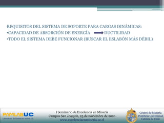 PRIMERAS JORNADAS DE GESTION DE ACTIVOS & EFICIENCIA
ENERGETICA
GEDAEFE 2008Laboratorio de Gestión de Activos UC
Centro de Minería
Pontificia Universidad
Católica de Chile
I Seminario de Excelencia en Minería
Campus San Joaquín, 25 de noviembre de 2010
www.excelenciaenmineria.uc.cl
REQUISITOS DEL SISTEMA DE SOPORTE PARA CARGAS DINÁMICAS:
•CAPACIDAD DE ABSORCIÓN DE ENERGÍA DUCTILIDAD
•TODO EL SISTEMA DEBE FUNCIONAR (BUSCAR EL ESLABÓN MÁS DÉBIL)
 