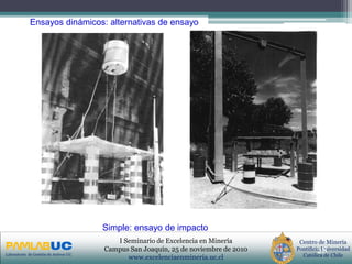 PRIMERAS JORNADAS DE GESTION DE ACTIVOS & EFICIENCIA
ENERGETICA
GEDAEFE 2008Laboratorio de Gestión de Activos UC
Centro de Minería
Pontificia Universidad
Católica de Chile
I Seminario de Excelencia en Minería
Campus San Joaquín, 25 de noviembre de 2010
www.excelenciaenmineria.uc.cl
28
Ensayos dinámicos: alternativas de ensayo
Simple: ensayo de impacto
 