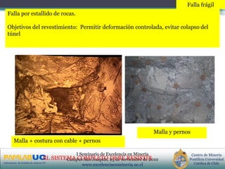 PRIMERAS JORNADAS DE GESTION DE ACTIVOS & EFICIENCIA
ENERGETICA
GEDAEFE 2008Laboratorio de Gestión de Activos UC
Centro de Minería
Pontificia Universidad
Católica de Chile
I Seminario de Excelencia en Minería
Campus San Joaquín, 25 de noviembre de 2010
www.excelenciaenmineria.uc.cl
Falla por estallido de rocas.
Objetivos del revestimiento: Permitir deformación controlada, evitar colapso del
túnel
Malla + costura con cable + pernos
Malla y pernos
Falla frágil
EL SISTEMA COMPLETO DEBE RESISTIR
 