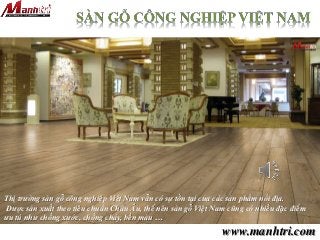 www.manhtri.com
Thị trường sàn gỗ công nghiệp Việt Nam vẫn có sự tồn tại của các sản phẩm nổi địa.
Được sản xuất theo tiêu chuẩn Châu Âu, thế nên sàn gỗ Việt Nam cũng có nhiều đặc điểm
ưu tú như chống xước, chống cháy, bền màu …
 