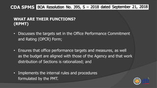 CDA SPMS
WHAT ARE THEIR FUNCTIONS?
(RPMT)
• Discusses the targets set in the Office Performance Commitment
and Rating (OPCR) Form;
• Ensures that office performance targets and measures, as well
as the budget are aligned with those of the Agency and that work
distribution of Sections is rationalized; and
• Implements the internal rules and procedures
formulated by the PMT.
 