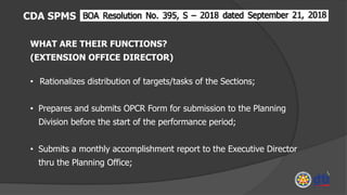 CDA SPMS
WHAT ARE THEIR FUNCTIONS?
(EXTENSION OFFICE DIRECTOR)
• Rationalizes distribution of targets/tasks of the Sections;
• Prepares and submits OPCR Form for submission to the Planning
Division before the start of the performance period;
• Submits a monthly accomplishment report to the Executive Director
thru the Planning Office;
 