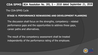 CDA SPMS
The CDA-SPMS Cycle
STAGE 4: PERFORMANCE REWARDING AND DEVELOPMENT PLANNING
The discussion shall focus on the strengths, competency - related
performance gaps and the opportunities to address these gaps,
career paths and alternatives.
The result of the competency assessment shall be treated
independently of the performance rating of the employee.
 