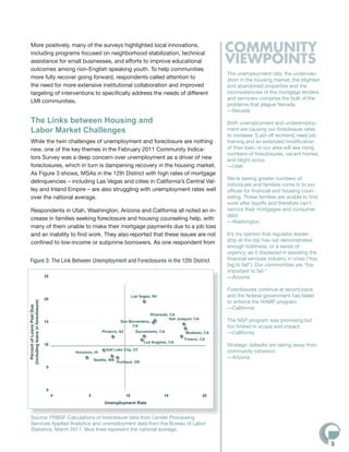 More positively, many of the surveys highlighted local innovations,
                                                                                                                        COMMUNITY
                                                                                                                        VIEWPOINTS
     including programs focused on neighborhood stabilization, technical
     assistance for small businesses, and efforts to improve educational
     outcomes among non-English speaking youth. To help communities
                                                                                                                        The unemployment rate, the undervalu-
     more fully recover going forward, respondents called attention to                                                  ation in the housing market, the blighted
     the need for more extensive institutional collaboration and improved                                               and abandoned properties and the
     targeting of interventions to specifically address the needs of different                                          inconsistencies of the mortgage lenders
                                                                                                                        and servicers comprise the bulk of the
     LMI communities.
                                                                                                                        problems that plague Nevada.
                                                                                                                        —Nevada

     The Links between Housing and                                                                                      Both unemployment and underemploy-
     Labor Market Challenges                                                                                            ment are causing our foreclosure rates
                                                                                                                        to increase. [Laid off workers] need job
     While the twin challenges of unemployment and foreclosure are nothing                                              training and an extended modification
     new, one of the key themes in the February 2011 Community Indica-                                                  of their loan, or our area will see rising
                                                                                                                        numbers of foreclosures, vacant homes,
     tors Survey was a deep concern over unemployment as a driver of new                                                and blight occur.
     foreclosures, which in turn is dampening recovery in the housing market.                                           —Utah
     As Figure 3 shows, MSAs in the 12th District with high rates of mortgage
                                                                                                                        We’re seeing greater numbers of
     delinquencies – including Las Vegas and cities in California’s Central Val-
                                                                                                                        individuals and families come in to our
     ley and Inland Empire – are also struggling with unemployment rates well                                           offices for financial and housing coun-
     over the national average.                                                                                         seling. These families are unable to find
                                                                                                                        work after layoffs and therefore can’t
     Respondents in Utah, Washington, Arizona and California all noted an in-                                           service their mortgages and consumer
                                                                                                                        debt.
     crease in families seeking foreclosure and housing counseling help, with
                                                                                                                        —Washington
     many of them unable to make their mortgage payments due to a job loss
     and an inability to find work. They also reported that these issues are not                                        It’s my opinion that regulator leader-
     confined to low-income or subprime borrowers. As one respondent from                                               ship at the top has not demonstrated
                                                                                                                        enough boldness, or a sense of
                                                                                                                        urgency, as it displayed in assisting the
    Figure 3: The Link Between Unemployment and Foreclosures in the 12th District                                       financial services industry in crisis (“too
                                                                                                                        big to fail”). Our communities are “too
                                                                                                                        important to fail.”
                                   25                                                                                   —Arizona

                                                                                                                        Foreclosures continue at record pace,
                                                                              Las Vegas, NV                             and the federal government has failed
                                   20
                                                                                                                        to enforce the HAMP program.
(including loans in foreclosure)
   Percent of Loans Past Due




                                                                                                                        —California
                                                                                       Riverside, CA
                                                                                                 San Joaquin, CA        The NSP program was promising but
                                   15                                San Bernardino,
                                                                           CA                                           too limited in scope and impact.
                                                           Phoenix, AZ      Sacramento, CA               Modesto, CA    —California
                                                                                                        Fresno, CA
                                                                                    Los Angeles, CA
                                   10                                                                                   Strategic defaults are taking away from
                                                             Salt Lake City, UT                                         community cohesion.
                                            Honolulu, HI

                                                       Seattle, WA
                                                                                                                        —Arizona
                                                                     Portland, OR
                                    5




                                    0
                                        0          5                     10                   15                   20
                                                            Unemployment Rate


     Source: FRBSF Calculations of foreclosure data from Lender Processing
     Services Applied Analytics and unemployment data from the Bureau of Labor
     Statistics, March 2011. Blue lines represent the national average.

                                                                                                                                                                      3
 
