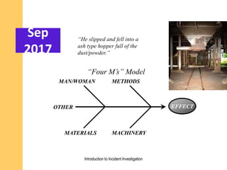 EFFECT
“Four M’s” Model
MAN/WOMAN METHODS
MATERIALS MACHINERY
OTHER
Sep
2017
“He slipped and fell into a
ash type hopper full of the
dust/powder.”
Introduction to Incident Investigation
 