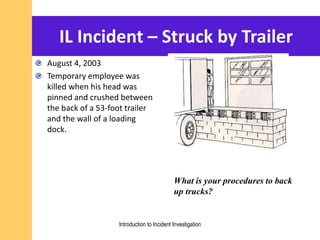 IL Incident – Struck by Trailer
August 4, 2003
Temporary employee was
killed when his head was
pinned and crushed between
the back of a 53-foot trailer
and the wall of a loading
dock.
What is your procedures to back
up trucks?
Introduction to Incident Investigation
 