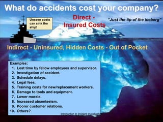 What do accidents cost your company?
Direct -
Insured Costs
“Just the tip of the iceberg”
Indirect - Uninsured, Hidden Costs - Out of Pocket
Examples:
1. Lost time by fellow employees and supervisor.
2. Investigation of accident.
3. Schedule delays.
4. Legal fees.
5. Training costs for new/replacement workers.
6. Damage to tools and equipment.
7. Lower morale.
8. Increased absenteeism.
9. Poorer customer relations.
10. Others?
Unseen costs
can sink the
ship!
Introduction to Incident Investigation
 