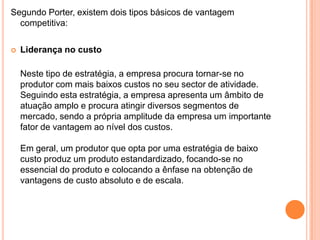 Segundo Porter, existem dois tipos básicos de vantagem competitiva: Liderança no custo	Neste tipo de estratégia, a empresa procura tornar-se no produtor com mais baixos custos no seu sector de atividade. Seguindo esta estratégia, a empresa apresenta um âmbito de atuação amplo e procura atingir diversos segmentos de mercado, sendo a própria amplitude da empresa um importante fator de vantagem ao nível dos custos.Em geral, um produtor que opta por uma estratégia de baixo custo produz um produto estandardizado, focando-se no essencial do produto e colocando a ênfase na obtenção de vantagens de custo absoluto e de escala.