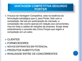 VANTAGEM COMPETITIVA SEGUNDO
                    PORTER

   A busca da Vantagem Competitiva, esta na essência da
    formulação estratégica que é, para Porter, lidar com a
    competição. Na luta por participação de mercado, a
    competição não ocorre apenas em relação aos concorrentes,
    mas em toda a cadeia de relações da empresa. Surge deste
    entendimento o conceito das Cinco Forças que regem a
    competição em um setor.


   CLIENTES
   FORNECEDORES
   NOVOS ENTRANTES EM POTENCIAL
   PRODUTOS SUBSTITUTOS
   RIVALIDADE ENTRE OS CONCORRENTES
 