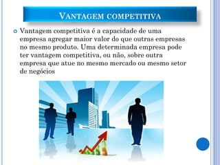 VANTAGEM COMPETITIVA
   Vantagem competitiva é a capacidade de uma
    empresa agregar maior valor do que outras empresas
    no mesmo produto. Uma determinada empresa pode
    ter vantagem competitiva, ou não, sobre outra
    empresa que atue no mesmo mercado ou mesmo setor
    de negócios
 