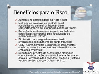 Benefícios para o Fisco:
O Aumento na confiabilidade da Nota Fiscal;
O Melhoria no processo de controle fiscal,

O

O
O

O

possibilitando um melhor intercâmbio e
compartilhamento de informações entre os fiscos;
Redução de custos no processo de controle das
notas fiscais capturadas pela fiscalização de
mercadorias em trânsito;
Diminuição da sonegação e aumento da
arrecadação sem aumento de carga tributária;
GED - Gerenciamento Eletrônico de Documentos,
conforme os motivos expostos nos benefícios das
empresas emitentes;
Suporte aos projetos de escrituração eletrônica
contábil e fiscal da Secretaria da Receita Federal e
demais Secretarias de Fazendas Estaduais (Sistema
Público de Escrituração Digital - SPED).

“Fazendo a sua contabilidade com excelência”

 