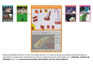 APROFUNDAMENTO DA PROPOSTA
Depois de avaliadas, tendo em conta a informação da fase 1, um conjunto de poucas propostas são aprofundadas ao
nível estético, da ergonomia, da selecção de materiais, integrando factores relacionados com o utilizador, contexto de
utilização, assim como processo de produção, distribuição e fim de vida do objecto.
DESENVOLVIMENTO DO PRODUTO ACOMPANHAMENTO DA PRODUÇÃODEFINIÇÃO DA ESTRATÉGIA CONCEITO & IDEIAS
 