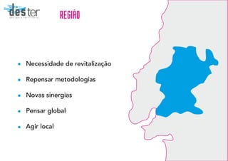 Necessidade de revitalização
Repensar metodologias
Novas sinergias
Pensar global
Agir local
REGIAOdesterd e s i g n & t e r r i t ó r i o
 