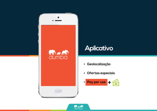 •	 Geolocalização
•	 Ofertas especiais
•	 Pay per use
Aplicativo
 
