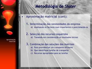Aproximação matricial (cont): Determinação das necessidades da empresa Analisando os factores mais importantes e posicionando-os Selecção dos recursos requeridos Tomando em consideração os resultados iniciais Combinação das soluções das matrizes Para providenciar um transporte eficiente Que identifique tarefas de transporte Recursos apropriados para as tarefas Metodologia de  Slater Aproximação matricial 