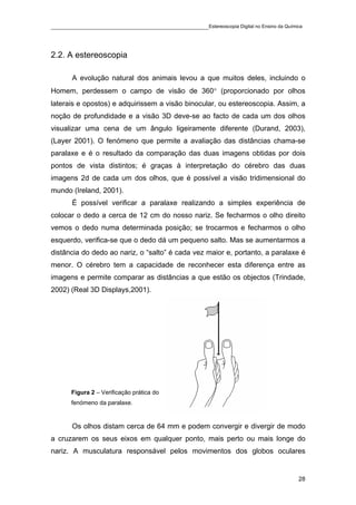 ____________________________________________Estereoscopia Digital no Ensino da Química



2.2. A estereoscopia

       A evolução natural dos animais levou a que muitos deles, incluindo o
Homem, perdessem o campo de visão de 360° (proporcionado por olhos
laterais e opostos) e adquirissem a visão binocular, ou estereoscopia. Assim, a
noção de profundidade e a visão 3D deve-se ao facto de cada um dos olhos
visualizar uma cena de um ângulo ligeiramente diferente (Durand, 2003),
(Layer 2001). O fenómeno que permite a avaliação das distâncias chama-se
paralaxe e é o resultado da comparação das duas imagens obtidas por dois
pontos de vista distintos; é graças à interpretação do cérebro das duas
imagens 2d de cada um dos olhos, que é possível a visão tridimensional do
mundo (Ireland, 2001).
       É possível verificar a paralaxe realizando a simples experiência de
colocar o dedo a cerca de 12 cm do nosso nariz. Se fecharmos o olho direito
vemos o dedo numa determinada posição; se trocarmos e fecharmos o olho
esquerdo, verifica-se que o dedo dá um pequeno salto. Mas se aumentarmos a
distância do dedo ao nariz, o “salto” é cada vez maior e, portanto, a paralaxe é
menor. O cérebro tem a capacidade de reconhecer esta diferença entre as
imagens e permite comparar as distâncias a que estão os objectos (Trindade,
2002) (Real 3D Displays,2001).




       Figura 2 – Verificação prática do
       fenómeno da paralaxe.


       Os olhos distam cerca de 64 mm e podem convergir e divergir de modo
a cruzarem os seus eixos em qualquer ponto, mais perto ou mais longe do
nariz. A musculatura responsável pelos movimentos dos globos oculares


                                                                                    28
 