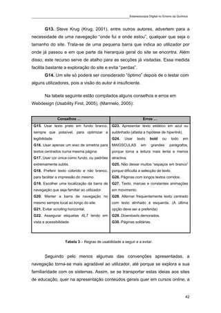____________________________________________Estereoscopia Digital no Ensino da Química

        G13. Steve Krug (Krug, 2001), entre outros autores, advertem para a
necessidade de uma navegação “onde fui e onde estou”, qualquer que seja o
tamanho do site. Trata-se de uma pequena barra que indica ao utilizador por
onde já passou e em que parte da hierarquia geral do site se encontra. Além
disso, este recurso serve de atalho para as secções já visitadas. Essa medida
facilita bastante a exploração do site e evita “perdas”.
        G14. Um site só poderá ser considerado “óptimo” depois de o testar com
alguns utilizadores, pois a visão do autor é insuficiente.

        Na tabela seguinte estão compilados alguns conselhos e erros em
Webdesign (Usability First, 2005), (Marmelo, 2005):


                 Conselhos …                                        Erros …
 G15. Usar texto preto em fundo branco,          G23. Apresentar texto estático em azul ou
 sempre que possível, para optimizar a           sublinhado (afasta a hipótese de hiperlink).
 legibilidade.                                   G24.    Usar   texto   bold    ou    todo      em
 G16. Usar apenas um eixo de simetria para       MAIÚSCULAS        em    grandes     parágrafos,
 textos centrados numa mesma página.             porque torna a leitura mais lenta e menos
 G17. Usar cor única como fundo, ou padrões      atractiva.
 extremamente subtis.                            G25. Não deixar muitos “espaços em branco”
 G18. Preferir texto colorido e não branco,      porque dificulta a selecção de texto.
 para facilitar a impressão do mesmo.            G26. Páginas com longos textos corridos.
 G19. Escolher uma localização da barra de       G27. Texto, marcas e constantes animações
 navegação que seja familiar ao utilizador.      em movimento.
 G20. Manter a barra de navegação no             G28. Alternar frequentemente texto centrado
 mesmo sempre local ao longo do site.            com texto alinhado à esquerda. (A última
 G21. Evitar scrolling horizontal.               opção deve ser a preferida)
 G22. Assegurar etiquetas ALT tendo em           G29. Downloads demorados.
 vista a acessibilidade.                         G30. Páginas solitárias.




                     Tabela 3 – Regras de usabilidade a seguir e a evitar.


        Seguindo pelo menos algumas das convenções apresentadas, a
navegação torna-se mais agradável ao utilizador, até porque se explora a sua
familiaridade com os sistemas. Assim, se se transportar estas ideias aos sites
de educação, quer na apresentação conteúdos gerais quer em cursos online, a


                                                                                                42
 