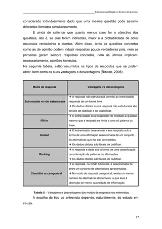 ____________________________________________Estereoscopia Digital no Ensino da Química

considerado individualmente dado que uma mesma questão pode assumir
diferentes formatos simultaneamente.
         É ainda de salientar que quanto menos claro for o objectivo das
questões, isto é, se elas forem indirectas, maior é a probabilidade de obter
respostas verdadeiras e abertas. Além disso, tanto as questões concretas
como as de opinião podem induzir respostas pouco verdadeiras pois, nem as
primeiras geram sempre respostas concretas, nem as últimas implicam,
necessariamente, opiniões honestas.
Na seguinte tabela, estão resumidos os tipos de respostas que se podem
obter, bem como as suas vantagens e desvantagens (Ribeiro, 2005):



         Modo de resposta                            Vantagens vs desvantagens


                                       A resposta não estruturada permite ao entrevistado
 Estruturada vs não estruturada     responde de um forma livre.
                                       Os dados obtidos numa resposta não estruturada são
                                    difíceis de codificar e de quantificar.
                                       O entrevistado deve responder de imediato à questão,
              Fill-in               mesmo que a resposta se limite a uma só palavra ou
                                    frase.
                                       O entrevistado deve anotar a sua resposta sob a
             Scaled                 forma de uma afirmação seleccionada de um conjunto
                                    de alternativas que lhe são concedidas.
                                       Os dados obtidos são fáceis de codificar.
                                       A resposta é dada sob a forma de uma classificação
             Ranking                ou ordenação de palavras ou afirmações.
                                       Os dados obtidos são fáceis de codificar.
                                       A resposta, no modo Checklist, é seleccionada de
                                    entre um conjunto de alternativas apresentadas.
     Checklist vs categorical          No modo de resposta categorical, existe um menor
                                    número de alternativas disponíveis, o que leva à
                                    obtenção de menor quantidade de informação.


         Tabela 5 – Vantagens e desvantagens dos modos de resposta nas entrevistas.
         A escolha do tipo de entrevista depende, naturalmente, do estudo em
causa.



                                                                                            77
 