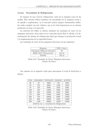 CAPÍTULO 3. PROYECTO DE IMPLEMENTACIÓN.
3.4.2.2. Necesidades de Refrigeración.
Se requiere de una correcta refrigeración, tanto de la máquina como de los
moldes. Éste sistema deberá satisfacer las necesidades de la máquina actual y
de aquella a implementar, en el mercado existen equipos denominados chiller,
los cuales cumplen con este objetivo, que es de vital importancia en un sistema
productivo en base a la inyección.
La selección del chiller se obtiene mediante las toneladas de cierre de las
máquinas inyectoras, éstos datos al ser conocidos hacen fácil el cálculo y la de-
terminación del sistema de refrigeración ideal que abarque la producción actual
y la implementación de la capacidad futura.
Las toneladas de cierre de las máquinas inyectoras son las siguientes:
Máquina TON. Cierre.
Cincinnati Milacron (Actual) 70
HXM 158-V (Proyección) 161.12
TOTAL 231.12
Tabla 3.21: Toneladas de Cierre Máquinas Inyectoras.
Fuente: El Autor.
Nos valemos de la siguiente tabla para determinar el total de Kcal/hora a
disipar:
TON. GRAMOS TOTALES MOLDE ACEITE
20 40 3000 750 2250
50 110 6000 1500 4500
70 170 9000 2700 6300
100 250 12000 3600 8400
150 500 16000 6400 9600
175 600 17000 6800 10200
200 750 20000 8000 12000
250 900 23000 8200 13800
300 1100 30000 13500 16500
3,024 K cal = 1 tonelada de refrigeración
Tabla 3.22: Toneladas de Cierre Máquinas Inyectoras.
Fuente: El Autor.
142 Parra Sebastian
 