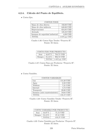 CAPÍTULO 4. ANÁLISIS ECONÓMICO.
4.2.4. Cálculo del Punto de Equilibrio.
Costos ﬁjos.
COSTOS FIJOS
Mano de obra directa 192,00 USD
Mano de obra indirecta 648,00 USD
Depreciaciones 654,95 USD
Arriendo 135,50 USD
Insumos de seguridad industrial 6,99 USD
TOTAL 1.637,44 USD
Cuadro 4.46: Costos Fijos Totales “Proyecto II”.
Fuente: El Autor.
COSTO FIJO POR PRODUCTO
Asas 44,87 % 734,71 USD
Mangos 55,13 % 902,72 USD
TOTAL 1.637,44 USD
Cuadro 4.47: Costos Fijos por Productos “Proyecto II”.
Fuente: El Autor.
Costos Variables.
COSTOS VARIABLES
Luz 114,48 USD
Agua 0,50 USD
Teléfono 7,21 USD
Internet 5,74 USD
Transporte 20,00 USD
Insumos (auto mantenimiento) 10,64 USD
TOTAL 158,57 USD
Cuadro 4.48: Costos Variables Totales “Proyecto II”.
Fuente: El Autor.
COSTO VARIABLE POR PRODUCTO
Asas 44,87 % 71,15 USD
Mangos 55,13 % 87,41 USD
TOTAL 158,57 USD
Cuadro 4.49: Costos Variables por Productos “Proyecto II”.
Fuente: El Autor.
226 Parra Sebastian
 