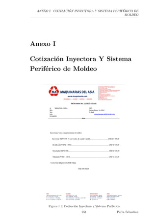 ANEXO I. COTIZACIÓN INYECTORA Y SISTEMA PERIFÉRICO DE
MOLDEO
Anexo I
Cotización Inyectora Y Sistema
Periférico de Moldeo
Figura I.1: Cotización Inyectora y Sistema Periférico
251 Parra Sebastian
 