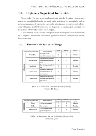 CAPÍTULO 1. DIAGNÓSTICO ACTUAL DE LA EMPRESA.
1.4. Higiene y Seguridad Industrial.
Tecnoproducción hace aproximadamente dos años ha llevado a cabo un pro-
grama de seguridad industrial que contempla un manual de seguridad e higiene
así como manuales de operación para cada máquina con lo cual se pretende re-
ducir al mínimo posible lesiones que por lo general se suscitan por no seguir con
las normas establecidas dentro de la empresa.
A continuación se detallan los principales focos de riesgo en todas las secciones
de la empresa, así también las medidas que se han tomado con el afán de reducir
lesiones severas.
1.4.1. Panorama de Factor de Riesgo.
Tabla 1.3: Panorama Factor de Riesgo (Físicos)
Fuente: El Autor
Tabla 1.4: Panorama Factor de Riesgos (Seguridad)
Fuente: el Autor
14 Parra Sebastian
 