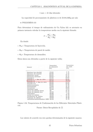 CAPÍTULO 1. DIAGNÓSTICO ACTUAL DE LA EMPRESA.
1 mes = 21 días laborales
La capacidad de procesamiento de plásticos es de 21184,34Kg por año
POLIAMIDA 6.6
Para determinar el tiempo de enfriamiento de Un Nylon && es necesario en
primera instancia calcular la temperatura media con la siguiente fórmula:
¯
T =
ΘM − ΘW
ΘE − ΘW
En donde:
- ΘM = Temperatura de Inyección.
- ΘW = Temperatura de pared de molde.
- ΘE= Temperatura de desmoldeo.
Estos datos son obtenidos a partir de la siguiente tabla:
Figura 1.34: Temperaturas de Conformación de los Diferentes Materiales Plásti-
cos.
Fuente: Datos Recopilados de [7]
Los valores de acuerdo con esto quedan determinados de la siguiente manera:
45 Parra Sebastian
 