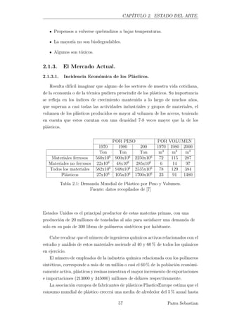 CAPÍTULO 2. ESTADO DEL ARTE.
Propensos a volverse quebradizos a bajas temperaturas.
La mayoría no son biodegradables.
Algunos son tóxicos.
2.1.3. El Mercado Actual.
2.1.3.1. Incidencia Económica de los Plásticos.
Resulta difícil imaginar que alguno de los sectores de nuestra vida cotidiana,
de la economía o de la técnica pudiera prescindir de los plásticos. Su importancia
se reﬂeja en los índices de crecimiento mantenido a lo largo de muchos años,
que superan a casi todas las actividades industriales y grupos de materiales, el
volumen de los plásticos producidos es mayor al volumen de los aceros, teniendo
en cuenta que estos cuentan con una densidad 7-8 veces mayor que la de los
plásticos.
POR PESO POR VOLUMEN
1970 1980 200 1970 1980 2000
Ton Ton Ton m3
m3
m3
Materiales ferrosos 560x106
900x106
2250x106
72 115 287
Materiales no ferrosos 22x106
48x106
285x106
6 14 97
Todos los materiales 582x106
948x106
2535x106
78 129 384
Plásticos 27x106
105x106
1700x106
23 91 1480
Tabla 2.1: Demanda Mundial de Plástico por Peso y Volumen.
Fuente: datos recopilados de [7]
Estados Unidos es el principal productor de estas materias primas, con una
producción de 20 millones de toneladas al año para satisfacer una demanda de
solo en su país de 300 libras de polímeros sintéticos por habitante.
Cabe recalcar que el número de ingenieros químicos activos relacionados con el
estudio y análisis de estos materiales asciende al 40 y 60 % de todos los químicos
en ejercicio.
El número de empleados de la industria química relacionada con los polímeros
sintéticos, corresponde a más de un millón o casi el 60 % de la población económi-
camente activa, plásticos y resinas muestran el mayor incremento de exportaciones
e importaciones (213000 y 345000) millones de dólares respectivamente.
La asociación europea de fabricantes de plásticos PlasticsEurope estima que el
consumo mundial de plástico crecerá una media de alrededor del 5 % anual hasta
57 Parra Sebastian
 
