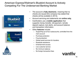 American Express/Walmart’s Bluebird Account Is Actively
Competing For The Underserved Banking Market
•

•
•

•

The account is fully electronic, meaning that no
checks are issued (the company has stated that
checks will be available in 2013).
Account servicing and statements are online only.
Cardholders use a mobile application that
supports money transfer, bill payment, remote
deposit capture, text alerts, and account balance
and transaction information.
Other features include:
–
–
–
–
–
–
–
–
–

Supporting up to four subaccounts, controlled from the
main account
Purchase protection
Fraud protection
Global assist services for travelers
Roadside assistance
Entertainment access
Live customer service
No minimum balance
No foreign transaction fees

18

 