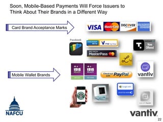 Soon, Mobile-Based Payments Will Force Issuers to
Think About Their Brands in a Different Way
Card Brand Acceptance Marks

Mobile Wallet Brands

22

 
