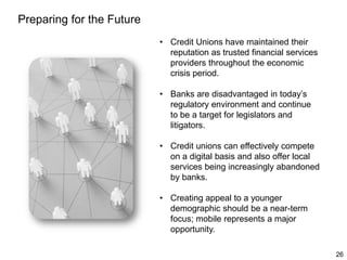 Preparing for the Future
• Credit Unions have maintained their
reputation as trusted financial services
providers throughout the economic
crisis period.
• Banks are disadvantaged in today’s
regulatory environment and continue
to be a target for legislators and
litigators.
• Credit unions can effectively compete
on a digital basis and also offer local
services being increasingly abandoned
by banks.
• Creating appeal to a younger
demographic should be a near-term
focus; mobile represents a major
opportunity.
26

 