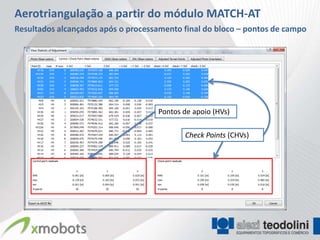 Aerotriangulação a partir do módulo MATCH-AT
Resultados alcançados após o processamento final do bloco – pontos de campo




                                    Pontos de apoio (HVs)
                                    Pontos de apoio (HVs)
                                            Check Points (CHVs)
                                    Pontos de apoio (HVs)(CHVs)
                                            Check Points
                                    Pontos de apoio (HVs)
                                           Check Points (CHVs)
                                           Check Points (CHVs)
 