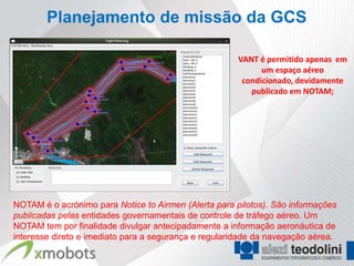 Planejamento de missão da GCS

                                                      VANT é permitido apenas em
                                                            um espaço aéreo
                                                       condicionado, devidamente
                                                         publicado em NOTAM;




NOTAM é o acrónimo para Notice to Airmen (Alerta para pilotos). São informações
publicadas pelas entidades governamentais de controle de tráfego aéreo. Um
NOTAM tem por finalidade divulgar antecipadamente a informação aeronáutica de
interesse direto e imediato para a segurança e regularidade da navegação aérea.
 