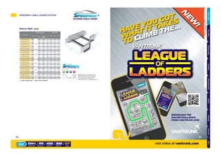 Reducer Right Ref.RR
Part Number
Dimensions (mm) Weight (kg)
Wp Ws
X
Y SW4 SW5 SW6
SW4
SW5
& SW6
SW /RR/300/150/ 300
150
340 350 75 2.70 4.01 4.76
SW /RR/450/150/ 450 490 500 150 3.08 4.53 5.38
SW /RR/600/150/ 600 640 650 225 3.50 5.10 6.07
SW /RR/750/150/ 750 790 800 300 4.26 6.03 6.78
SW /RR/900/150/ 900 940 950 375 4.75 6.69 7.51
SW /RR/1050/150/ 1050 1090 1100 450 5.25 7.36 8.24
SW /RR/450/300/ 450
300
490 500 75 3.02 4.33 5.19
SW /RR/600/300/ 600 640 650 150 3.40 4.85 5.81
SW /RR/750/300/ 750 790 800 225 4.20 5.81 6.50
SW /RR/900/300/ 900 940 950 300 4.69 6.46 7.21
SW /RR/1050/300/ 1050 1090 1100 375 5.18 7.12 7.94
SW /RR/600/450/ 600
450
670 650 75 3.35 4.66 5.62
SW /RR/750/450/ 750 790 800 150 4.16 5.61 6.24
SW /RR/900/450/ 900 940 950 225 4.63 6.24 6.93
SW /RR/1050/450/ 1050 1090 1100 300 5.12 6.89 7.65
SW /RR/750/600/ 750
600
800 800 75 4.16 5.47 6.05
SW /RR/900/600/ 900 940 950 150 4.59 6.04 6.68
SW /RR/1050/600/ 1050 1090 1100 225 5.07 6.67 7.37
SW /RR/900/750/ 900
750
940 950 75 4.59 5.90 6.49
SW /RR/1050/750/ 1050 1090 1100 150 5.03 6.47 7.11
SW /RR/1050/900/ 1050 900 1090 1100 75 5.02 6.33 6.92
Weights shown are for standard hot dip
galvanised finish only, for Stainless Steel
and Silicon Rich Steel weight conversion
factors please refer to the Speedway
Technical Section of our catalogue (Page 96).
x16
Supplied with: Not Required:
Finishes & Materials:
= Select a Ladder Type = Select a Finish & Material
HAVE YOU GOT
WHAT IT TAKES
TO CLIMB THE...
DOWNLOAD THE
ONLINE CHALLENGE
FROM VANTRUNK.COM
Scan QR code with your
smart phone app
N
EW
!
HOT DIPPED
GY
STAINLESS CORTEN STEEL HOT DIPPED
GK
Y
Ws
Wp
X
visit online at vantrunk.com
SPEEDWAY CABLE LADDER SYSTEM
SW4 / RR / 450 / 300 / GY
System Type Fitting Type Width Wp FinishWidth Ws
HOW TO
ORDER
62 63
AccessoriesCoversTechnicalCouplersFittingsLengths
CableLadderCableTraySteelFramingSupportsMountingFrameFixingsBespokeIndexTechnical
 